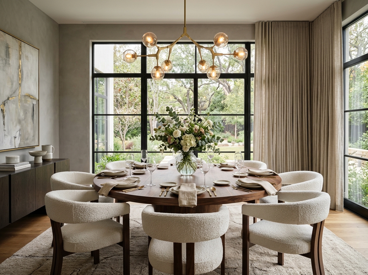 Sophisticated Dining Room with Round Table and Brass Chandelier