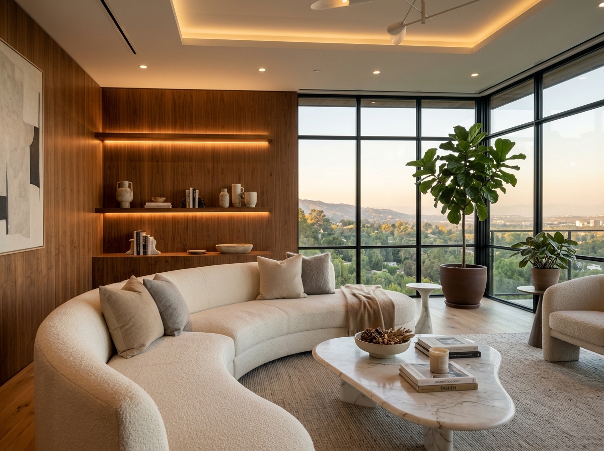 Modern Living Room with Curved Sofa and Wood Accent Wall